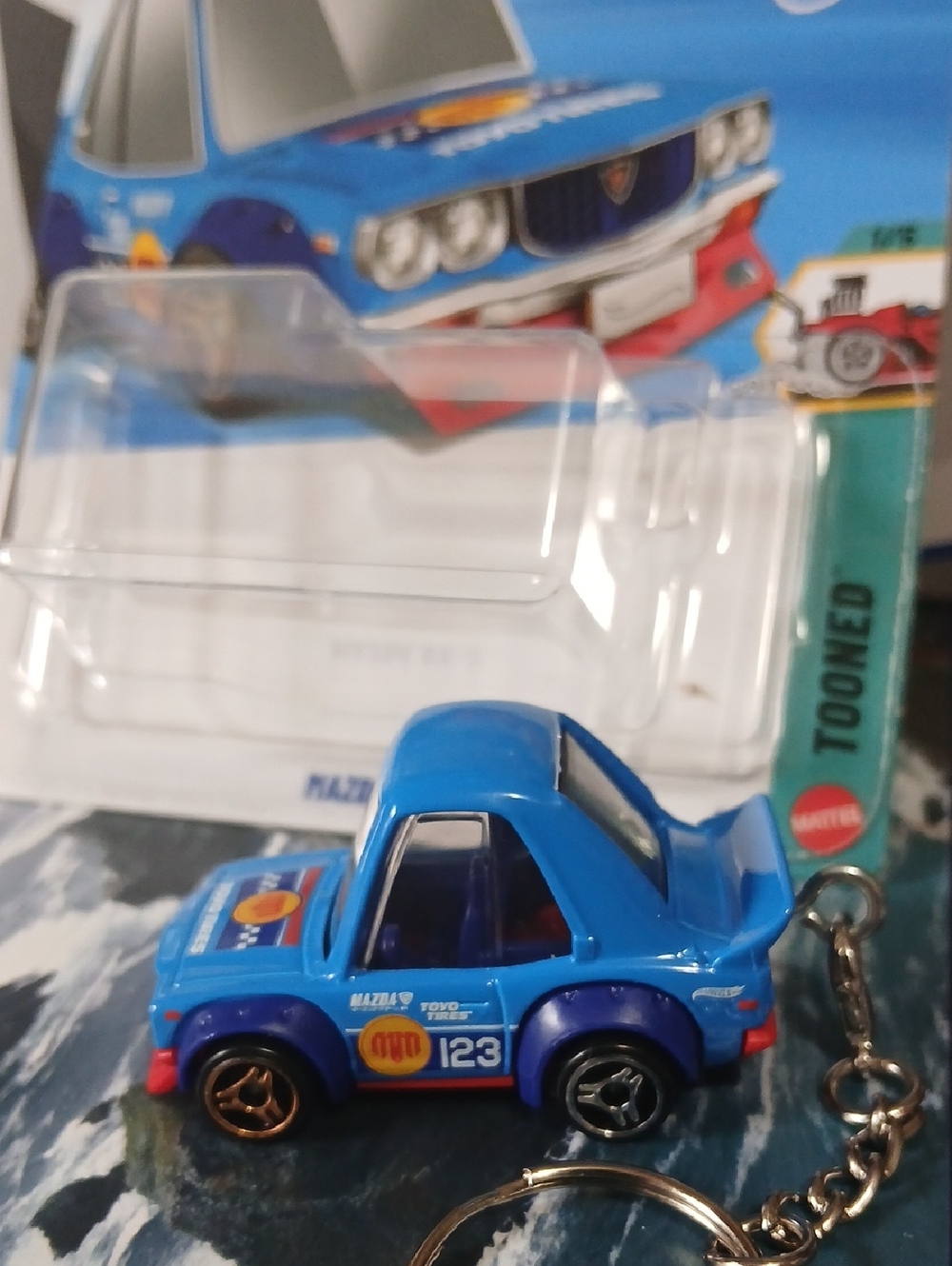Mattel Blue Tooned Toy Car Keychain with Racing Decals 1/64